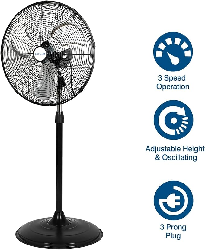 BILT HARD 20" High Velocity Pedestal Fan, 3-Speed 5200 CFM Industrial Oscillating Stand Fan, Heavy Duty Standing Shop Fan with Aluminum Blades for Garage, Commercial and Residential, 2 Pack