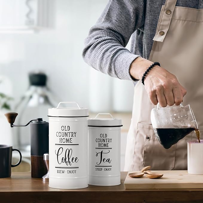 Bivvclaz Canisters Sets for the Kitchen, Airtight Kitchen Canisters for Countertop, Flour and Sugar Containers, Tea Coffee Sugar Canister Set, Coffee Bar Decor and Accessories, Set of 4, White