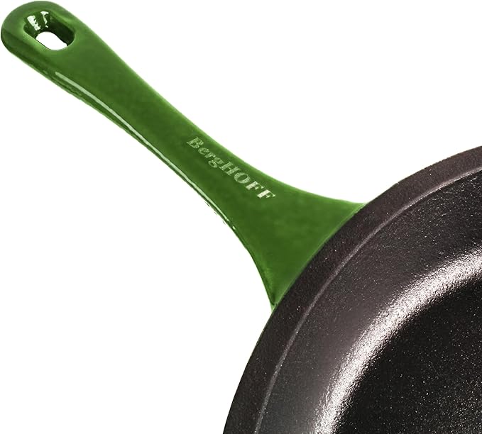 BergHOFF Neo 4Pc Enameled Cast Iron Cookware Set, Grill Pan 11 inches, Fry Pan 10 inches, 3qt. Dutch Oven, Matching Lid, Fast, Evenly Heat, Oven Safe (Green)