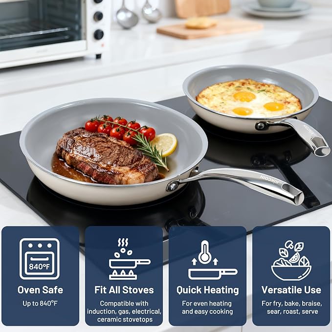 Kikcoin Ceramic Nonstick Frying Pan Set with Lids, 3 Pack 8/9.5/11 Inch Skillets, PFAS-Free Non Toxic Pans for Cooking, Induction, Oven & Dishwasher Safe