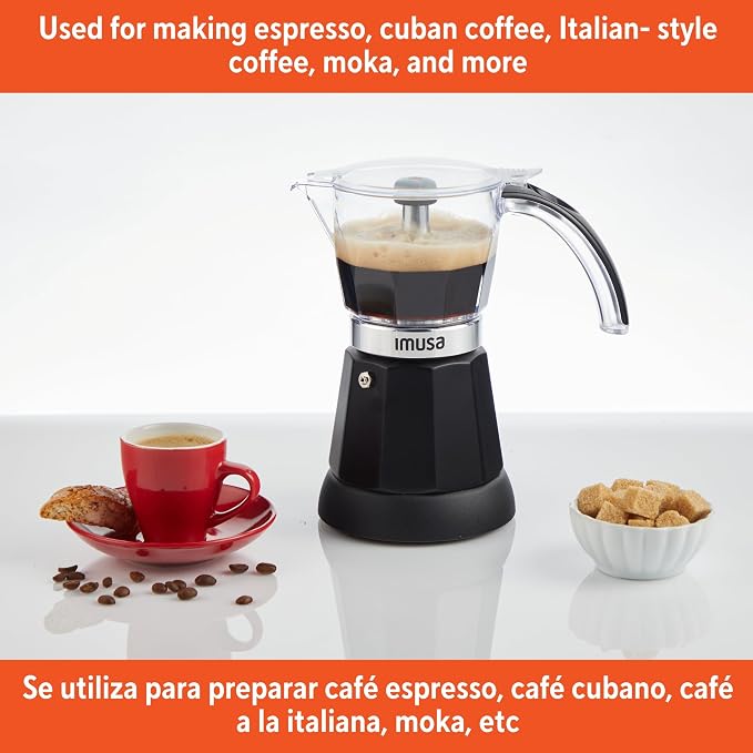 IMUSA 6 or 3 Cup Electric Espresso Maker with Cool-touch Handle, Black | Bare Cast Aluminum Finish, Detachable Cool-Touch Base, Ideal for Cuban Coffee, Perfect for Entertaining