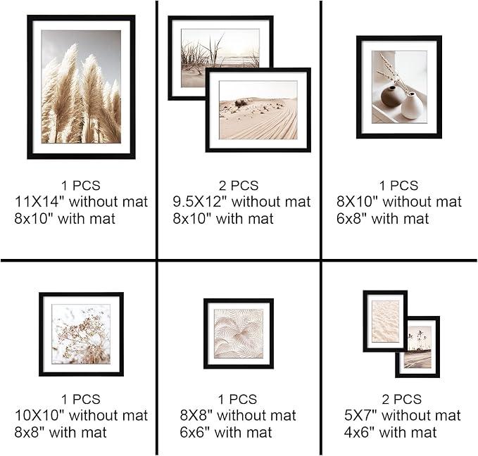 ArtbyHannah Gallery Wall Frame Set, 8 Pack Picture Frames Collage Wall Decor with Neutral Pampas Grass Art for Living Room, Assorted Size Including 11"x14", 8"x10", 5"x7"(Black Frame)