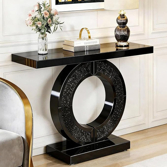 SSLine Black Mirrored Console Table for Living Room 43" Modern Mirror Entryway Table with Crystal O-Shape Base Luxury Blakc Glass Sofa Console Tables for Entryway Hallway