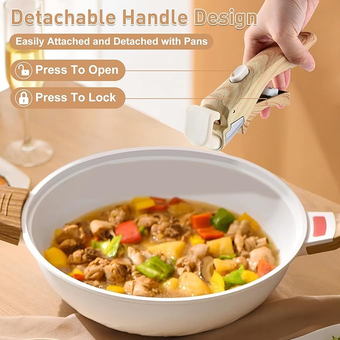 Wayona 2 Pack Removable Handles for Pots and Pans - Universal Detachable Pan Handle Replacement - Heat-Resistant Plastic, Stainless Steel, Silicone - Wood-Like