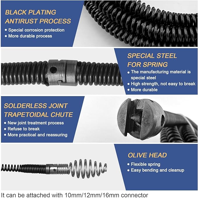 Drain Snake, Drain Auger with Drill Attachment, 16.4 Feet By 12 MM Plumbing Snake Auto Feed Flexible Hair Drain Clog Remover for Kitchen, Bathrom and Shower Sink