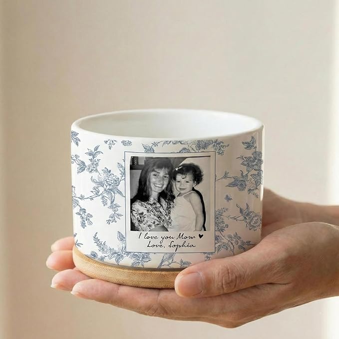 Personalized Mom Portrait Toile De Jouy Plant Pot, Custom Mom Photo Planter, Gift from Daughter, Grandma Gifts, Mama Gift