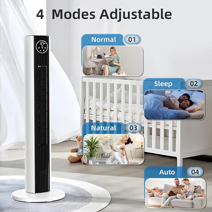Antarctic Star 37" Black and White Tower Fan for Bedroom, Oscillating Quiet Cooling Fan with 4 Modes & 3 Speeds, 12H Timer, LED Display, Two-Tone Standing Fan for Home Office