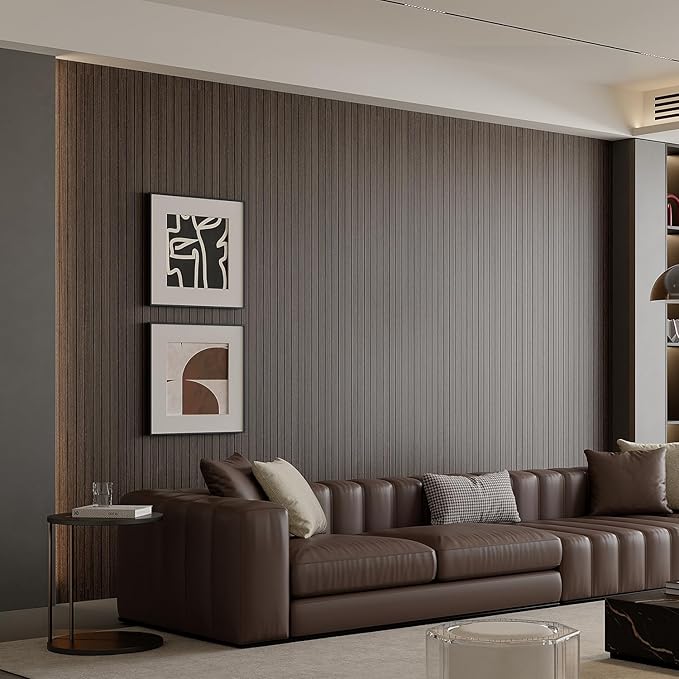 Yutianli PVC Slat Wall Panel Peel and Stick 236"x 15.7" Faux Wood Slat Panel Artificial Smoked Wood Grain Self-Adhesive Soundproof 3D Wall Panel for Walls and Ceilings