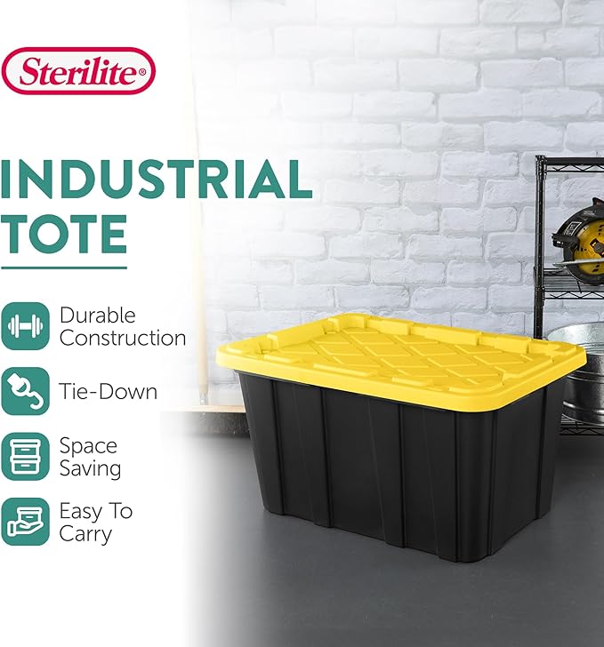 Sterilite 12-Pack Industrial Tote, Plastic Storage Container Bins with Lids, 27 Gallon - Large, Stackable, and Heavy-Duty Organizer Box Containers for Closet, Garage, Shelves, and Office