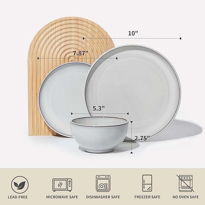Pokini 18 Piece White Stoneware Dinnerware Set for 6, Santorini Mist Terracotta Plates and Bowls with Reactive Glaze, Microwave & Dishwasher Safe, Aesthetic Ceramic Dishes for Family Meals & Hosting