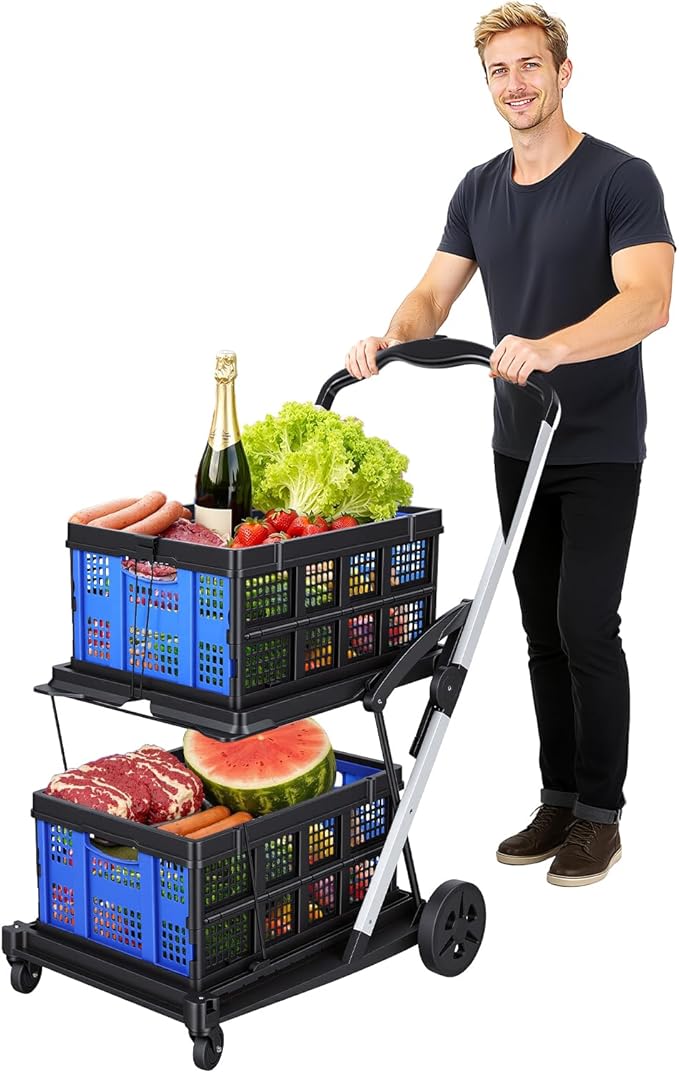 Collapsible Shopping Cart, Heavy Duty Grocery Cart, 2 Tier Foldable Shopping Trolley with 360° Wheels, Rolling Utility Cart with Retractable Bands, Portable Folding Cart for Groceries Laundry (Blue)