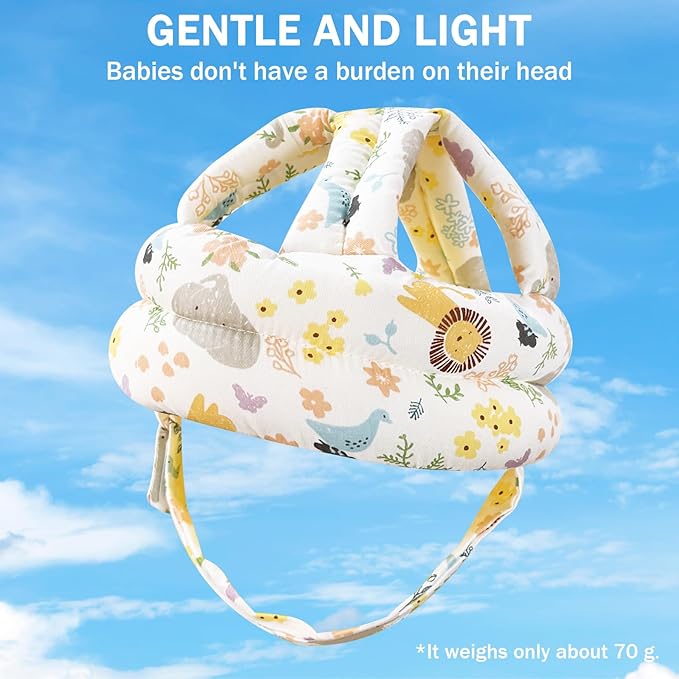 Baby Head Protector Baby Helmet for Crawling Walking, No Bumps Safety Head Adjustable Protective Cap for Walking, Playing - White Animal Flower