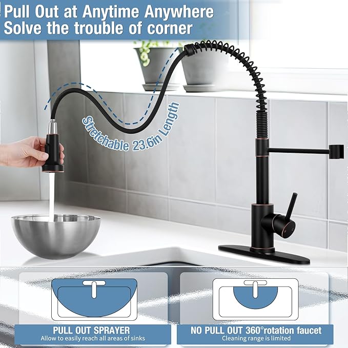 DJS Kitchen Faucets with Pull Down Sprayer Oil Rubbed Brozone -Single Handle 1 or 3 Holes Spring Kitchen Sink Faucet with Deck Plate for Farmhouse RV Vessel Basin