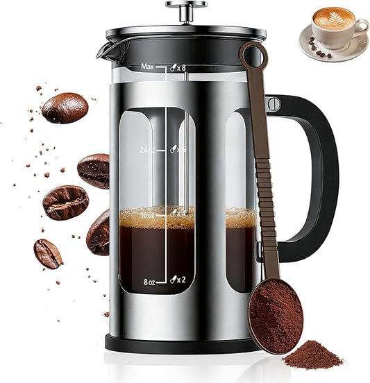 French Press Coffee Maker 34oz, Heat Resistant Thickened Glass Stainless Steel Brewer, No Plastic Touching Cafe, 4-Level Filtration, Cold Brew Cafe/Tea Pot for Kitchen Camping Travel, Gifts, Bar