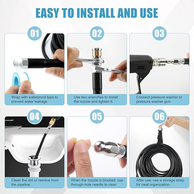 Sewer Jetter Kit for Pressure Washer 50FT, 5800 PSI Power Washer Drain Jetter Cleaner Hose with 1/4 Inch NPT Corner Rotating Nozzle and 4 Different Button Hose Sewer Jet Nozzles Cleaning Sewage Pipes