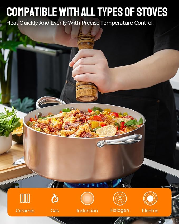 BEZIA 8 Quart Nonstick Stock Pot with Lid, Induction Cooking Pot PFOA-Free | Effortless Food Release & Easy Cleanup, Oven-/Dishwasher-Safe, Works on All Stoves, for Weekend Meal Prep, Whole Chicken Soup