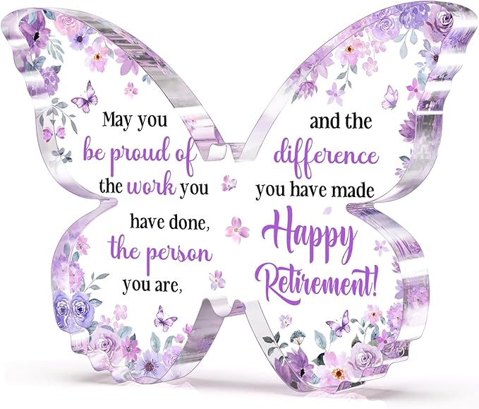 Unique Retirement Gift for Woman Men 2026, 5x3.8x0.5 Inch Purple Butterfly Acrylic Plaque Decor with Warm Words, Best Retirement Gifts for Coworker Teacher Friend Nurse Boss