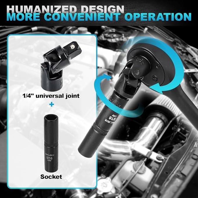 Socket Set 1/4, 56 Piece Impact Socket Set Metric and Standard Full, 6 Point, Cr-V, 1/4-Inch Drive Ratchet Handle, Drive Extension Bar, Impact Universal Joint,impact adapter