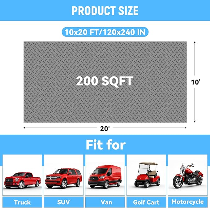 10x20 FT Garage Floor Mat, 2.8mm Thickened PVC Flooring Roll for Under Car, 200 SQFT Diamond Plate Gray Garage Mats for Garage, Warehouse, Basement, Gyms, Trailer（Included Tapes）
