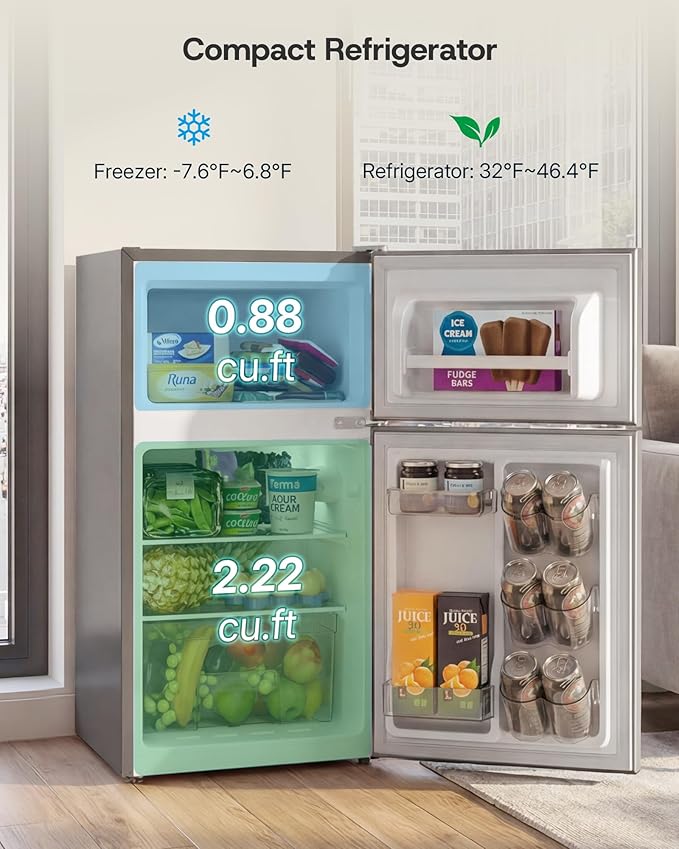 Upstreman 3.1 Cu.Ft Mini Fridge with Freezer, Double Door Small Refrigerator, Adjustable Thermostat, Energy Star Certified Low Noise Mini Refrigerator for Bedroom, Dorm, Apartment Silver-TM31