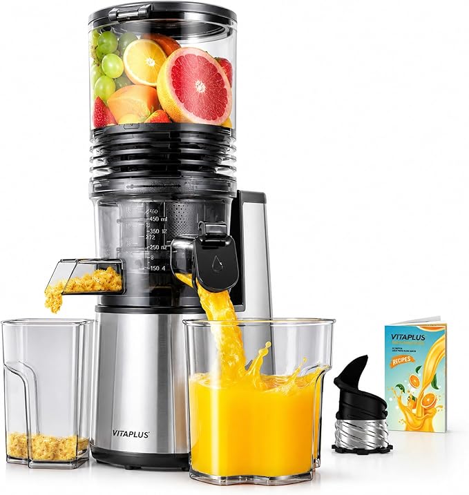 VITAPLUS Stainless Steel Auger Cold Press Juicer, AC Motor Slow Masticating Juicer, Plastic-Free Extractor for Whole Fruits & Vegetables, 5.8" Wide Chute, BPA-Free, Easy to Clean, FDA21 CFR Tested