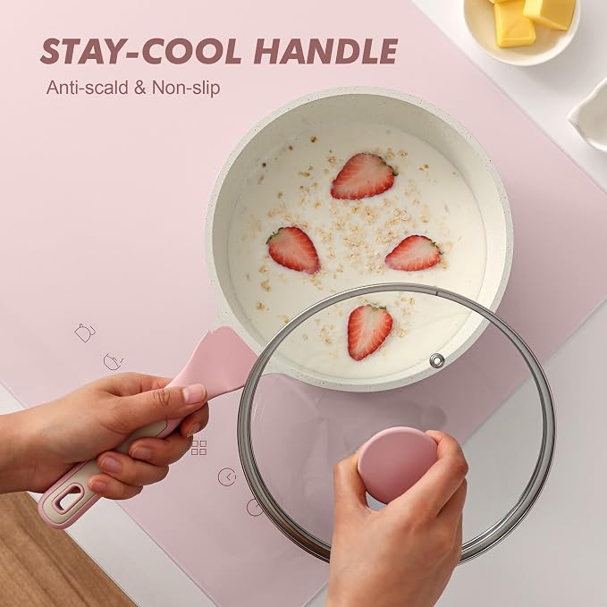 SENSARTE 2QT Ceramic Nonstick Saucepan with Lid, PTFE/PFAS Free, Pink | Small Kitchen Cooking Pot with Stay Cool Handle, Induction Compatible, Ceramic Coating