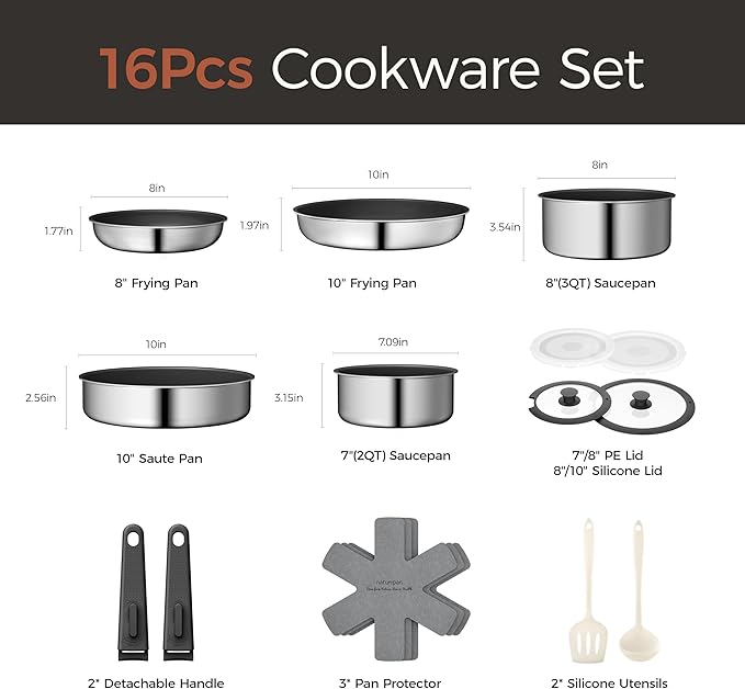 16pcs Nonstick Cookware Set, Diamond-Titanium Ceramic Coating & 3 Layer Stainless Steel Pots and Pans Set with Detachable Handle, Dishwasher Safe, Induction Compatible, Oven Safe, Black