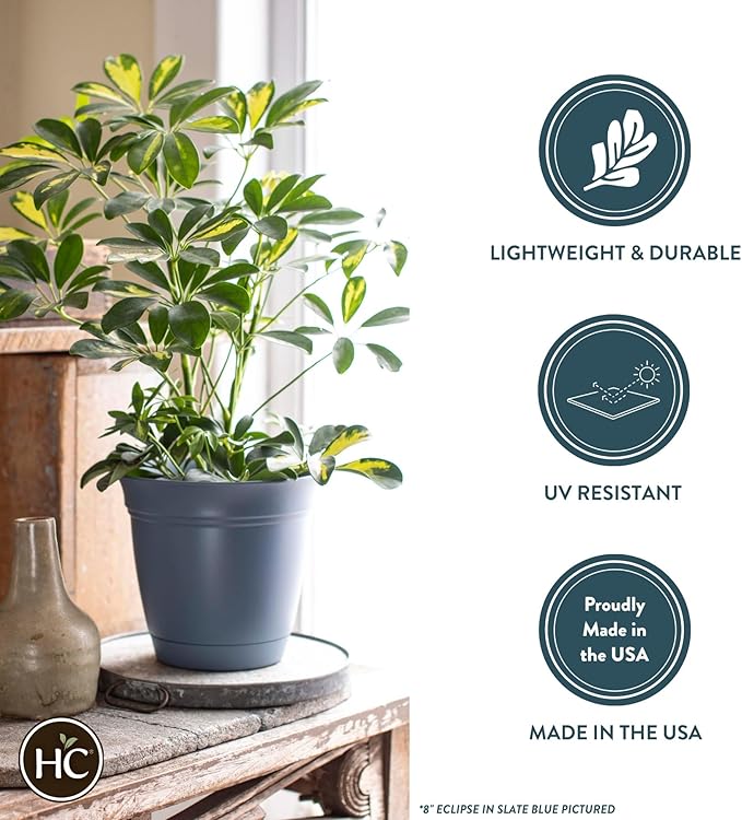 The HC Companies Eclipse Round Planter with Saucer - Outdoor & Indoor Plant Pot with Drainage Holes - Lightweight, UV-Resistant Plastic Pots for Plants, Flowers & Herbs (6" Chocolate, Pack of 1)
