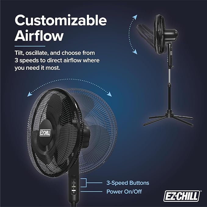 EZ-Chill 16” Oscillating Pedestal Fan, 3-speed Options, 90-Degree Oscillating Head, Adjustable Height and Tilt, Powerful Air Flow, Black, MTFS-16B-BLK