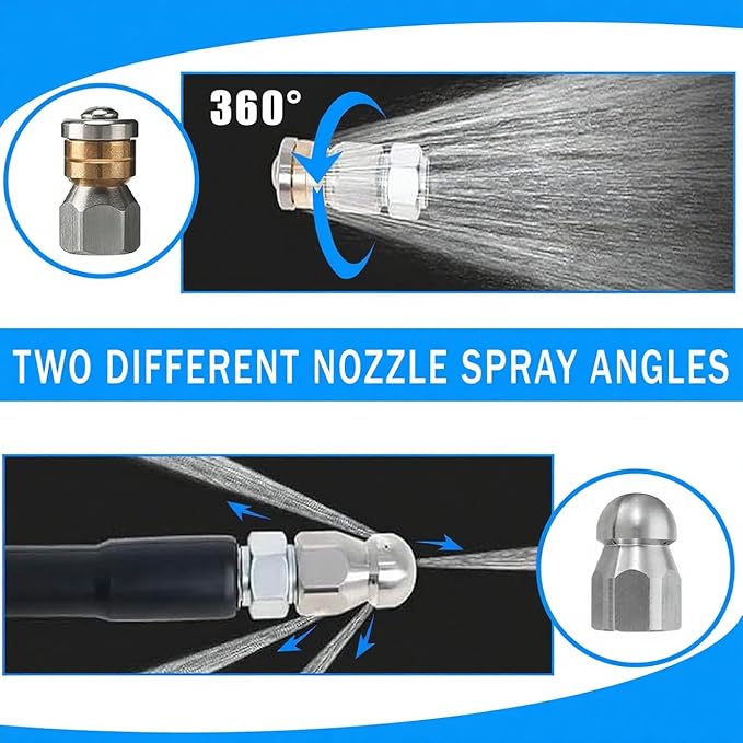Sewer Jetter Kit for Pressure Washer 100FT, 5800PSI Water Jet Drain Cleaner Hose with 4 Sewer Jetting Nozzles, 1/4 Inch NPT Corner, Waterproof Tape and Handle Strap