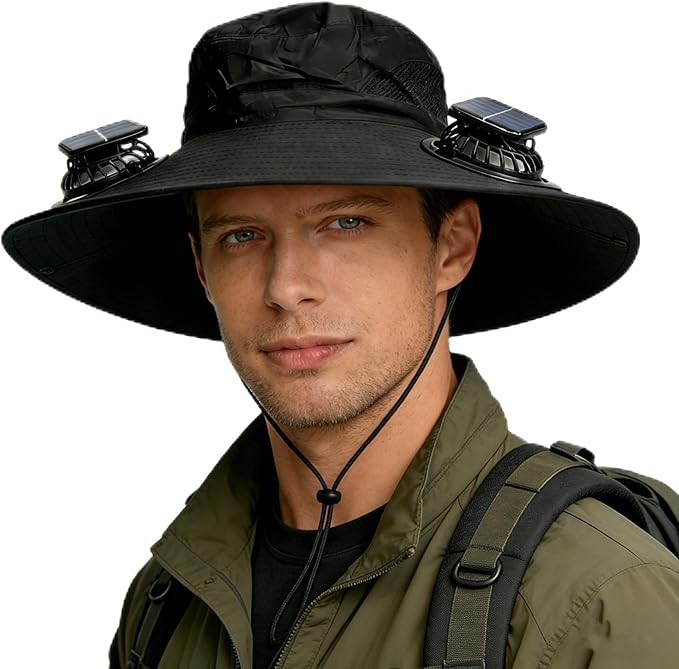 Solar Fan Hat, Hat with Fans Solar Power,Solar Powered Fan Hat for Outdoor Fishing, Hiking Gardening, USB Solar Charging Includes 2 Solar Fans(Black-XL)