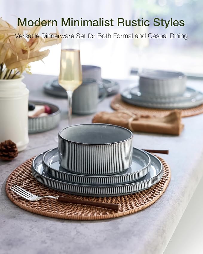 Famiware Star 12-Piece Stoneware Dinnerware Sets for 4, Reactive Glaze Plates and Bowls, Modern Rustic Dishes for Everyday & Formal Use, Chip/Scratch Resistant, Microwave/Dishwasher Safe, Smoky Blue