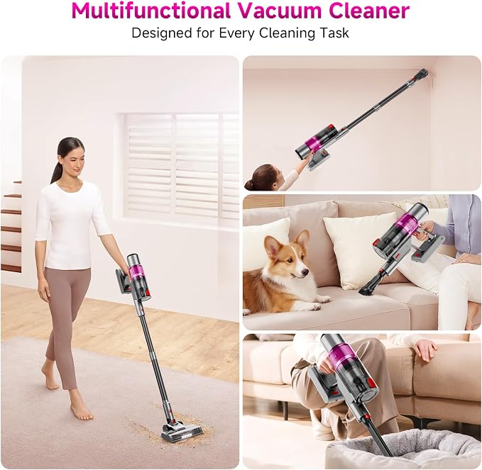 Cordless Vacuum Cleaner:Portable 6-in-1 Stick Vacuum with Anti-Tangle Brush | LED Headlight, Self-Standing, HD Display, Rechargeable Vacuum for Pet Hair, Low-Pile Carpet and Hardwood Floor-Purple