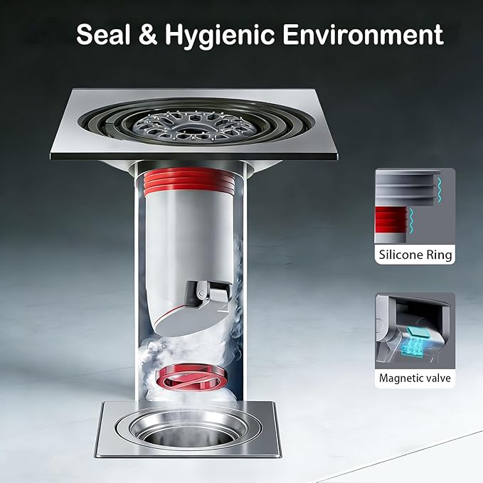 Odor-Proof Shower Drain Plug with Magnetic Backflow Preventer & Hair Catcher, Floor Drain Cover for 1.5"-3.9" Drains, 500ML/S Fast Drainage