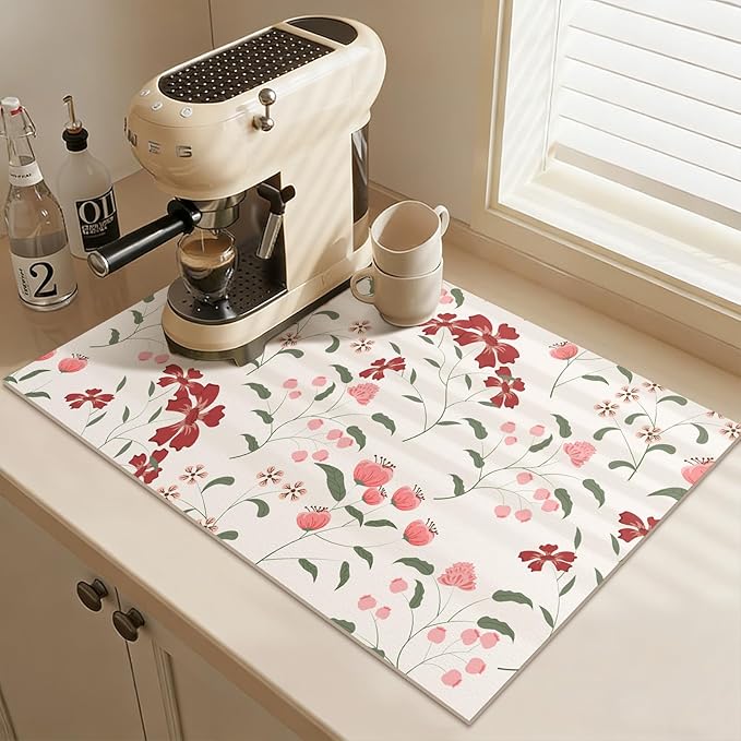 Flower Design Drying Mat Non-slip Bar Mats for Kitchen Bathroom Counter & Sink Side 16"X 24",Perfect as Housewarming Gift (Floral Whispers,White)