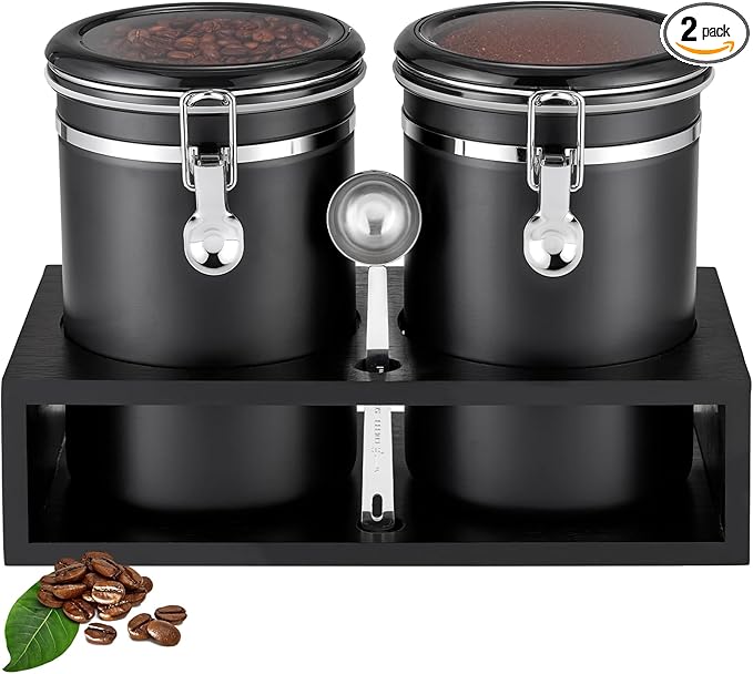 Yangbaga Ground Coffee Storage Container with Shelf, 2×63OZ 304 Stainless Steel Coffee and Sugar Container,Airtight Coffee Canisters with Scoop, Food Storage Jars for Kitchen,Nuts,Tea,Sugar