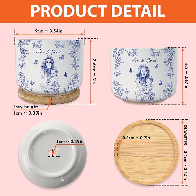 Personalized Mom Photo Plant Pot, Custom Toile De Jouy Mother Day Portrait Planter, Mom Gift, Gifts from Daughter, Grandma Gifts