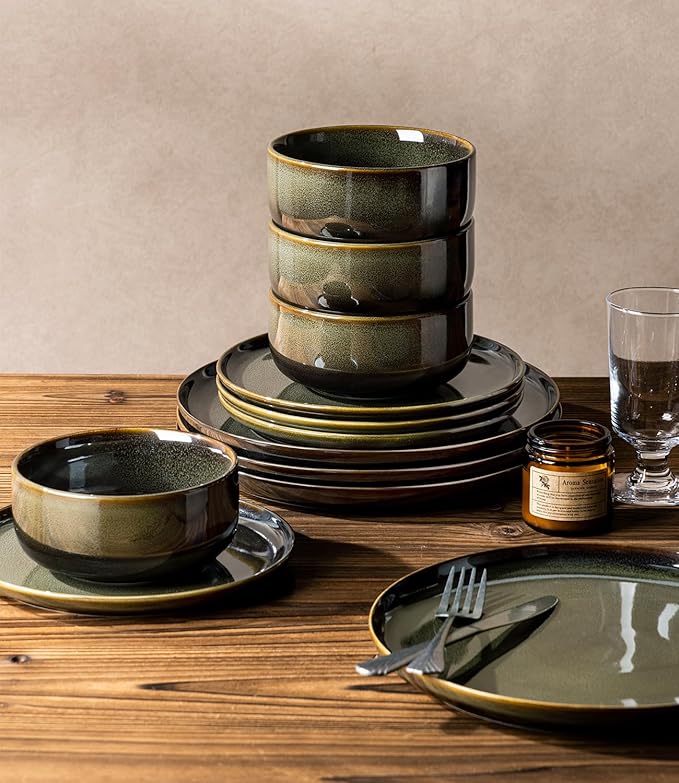 TheTerra Ceramic Dinnerware Sets for 4, 12 Pieces Handmade Reactive Glaze Plates and Bowls Set, Scratch Resistant Dish Set, Oven & Microwave & Dishwasher Safe, Olive Green