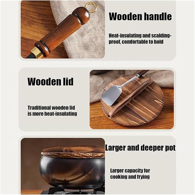 Uncoated Thick Iron Pot, Non-Stick Multifunctional Cast Irons Wok, High Purity Irons Frying Pan for Cooking