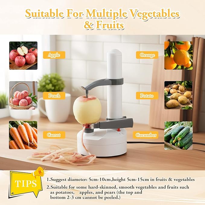 ele ELEOPTION Electric Potato Peeler Multifunction Electric Fruit Apple Peeler Potato Peeling Machine Automatic Rotating, Kitchen Peeling Tool White