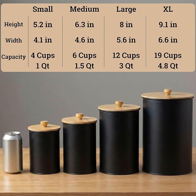Kitchen Canisters for Countertop Set of 4 with Customizable Chalkboard Labels & Marker Pen - Big Iron Kitchen Canisters with Airtight Lids - Black Canister Set - Flour and Sugar Containers Farmhouse