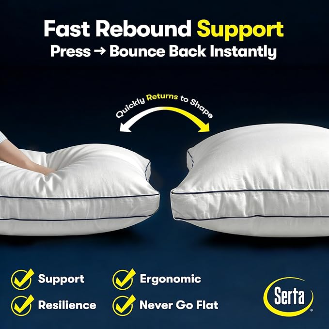 Serta Hotel Collection Bed Pillows Queen/Standard Size Set of 2, 400 Thread Count 100% Cotton Cover, Medium Soft, Support Gusseted Down Alternative Pillow for Back, Stomach or Side Sleepers, 18" x 26"