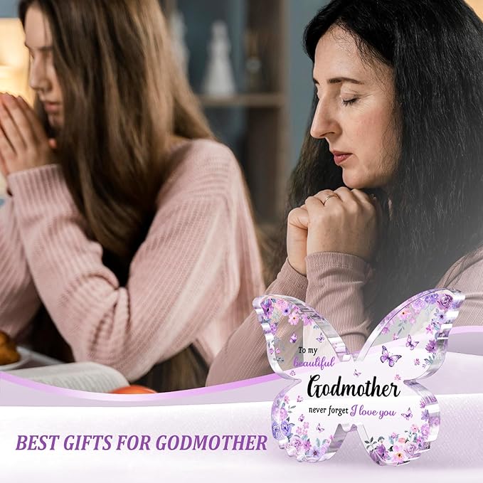 Godmother Gifts, Unique Purple Butterfly Acrylic Plaque Desk Decor, Mothers Day Christmas Birthday Gift for God Mother God Mom, Godmother Proposal Gifts - 5 x 3.8 x 0.5 inches