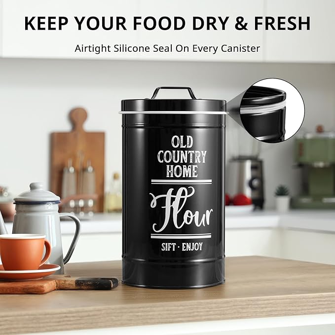 Bivvclaz Canisters Sets for the Kitchen, Airtight Kitchen Canisters for Countertop, Flour and Sugar Containers, Tea Coffee Sugar Canister Set, Coffee Bar Decor and Accessories, Set of 4, Black