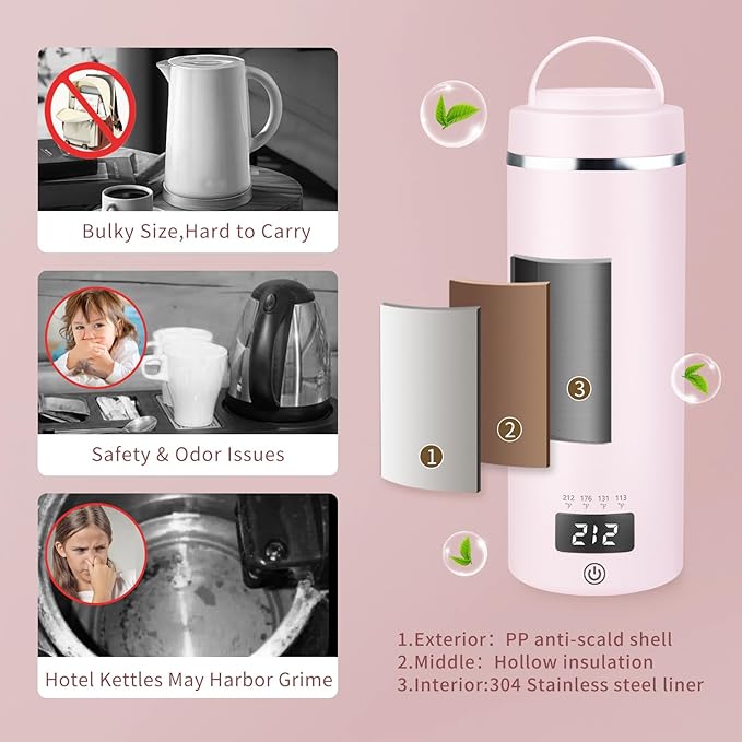 Portable Travel Electric Kettle with Plug-in Boiling & Keeps Warm via USB, 4 Temperature Settings, 304 Stainless Steel with Auto Shut-off, 16oz, Pink