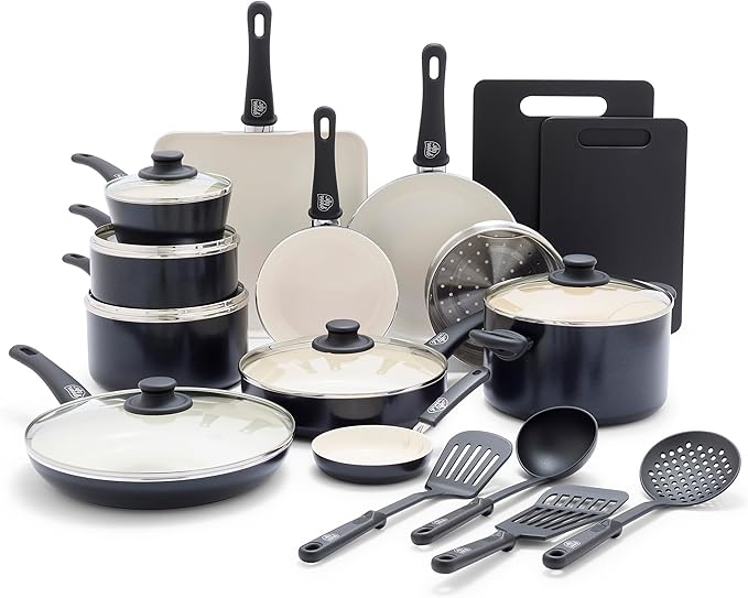 GreenLife Soft Grip Healthy Ceramic Nonstick 23 Piece Kitchen Cookware Pots and Frying Sauce Saute Pans Set with Kitchen Utensils, PFAS-Free, Dishwasher Safe, Black