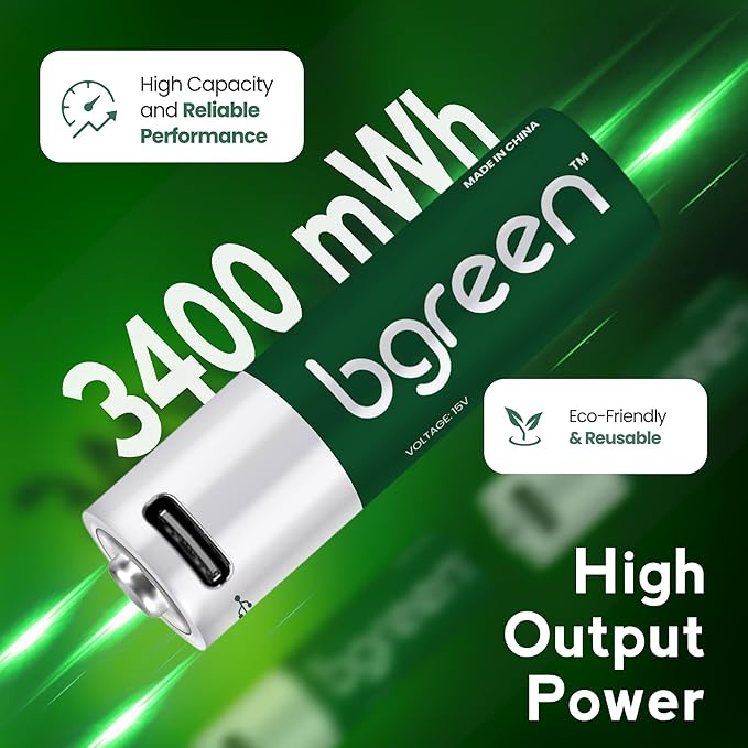 8 Pack USB C rechargeable AA Batteries - Rechargeable Lithium AA Batteries with 4-in-1 Charging Cable, 1.5V Output & 3400mWh High Capacity, LED Indicator, 90 Min Fast Charge with Upto 1200 Cycles