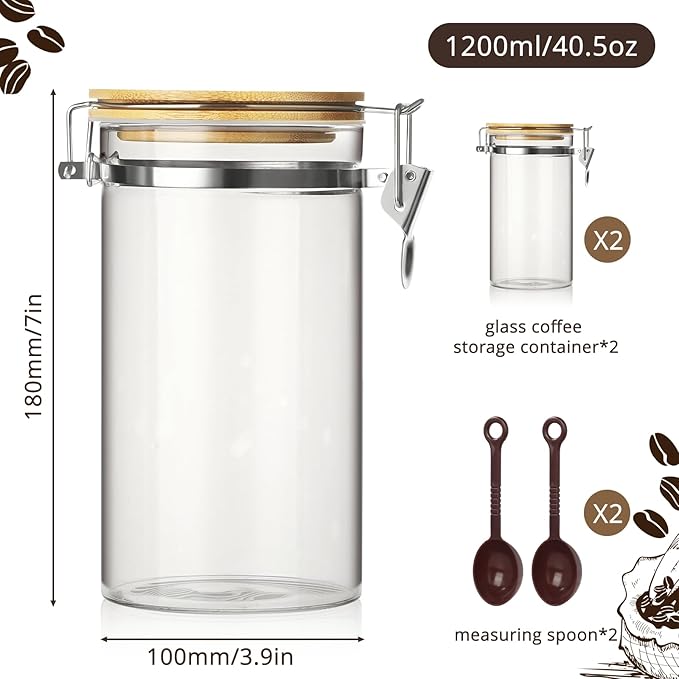 VZZNN 2 Pack 40.5oz Coffee Bean Storage Container with Airtight Bamboo Lids Glass Airtight Coffee Canister with Scoop Storage Container for Grounds Tea Cereal Sugar