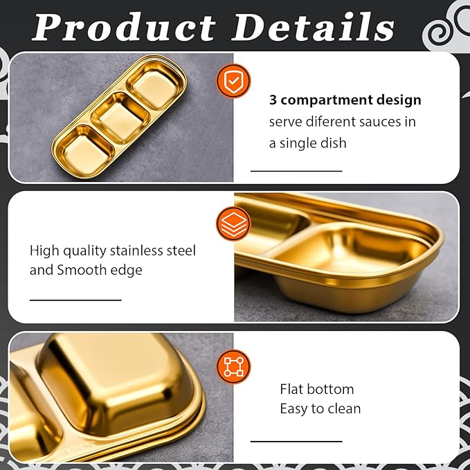 Maxcheck 12 Pcs Soy Sauce Dish Stainless Steel Divided Dip Bowls Korean 3 Compartment Sauce Plate Seasoning Dipping Condiment Tray for BBQ Vinegar Spice Salt Sugar Flavor Home Restaurant (Gold)