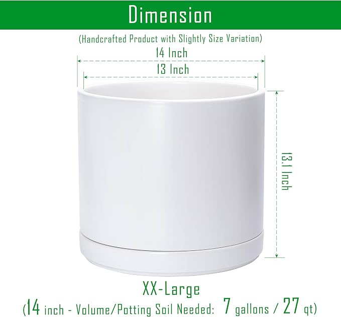 D'vine Dev 14 Inch Ceramic Planter Pot with Drainage Hole and Saucer, Indoor Cylinder Round Planter Pot, White, 94-O-G-1